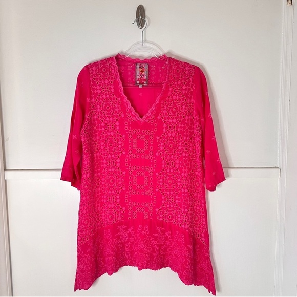 Johnny Was Pink Georgette Eyelet Embroidered Tunic Top - Picture 10 of 15